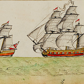 Zeichnung von zwei Schiffen Zwei Schiffe auf See